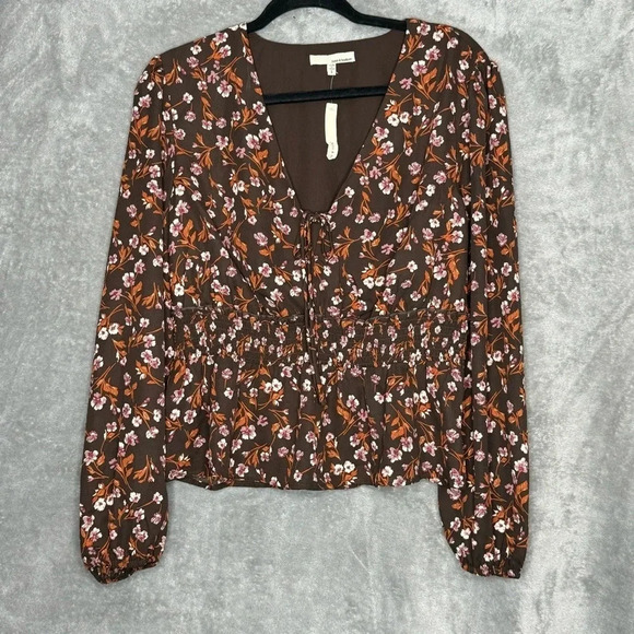 June & Hudson 1 Size M Medium Brown Floral Long Sleeve V Neck Cropped Peplum - Picture 1 of 8